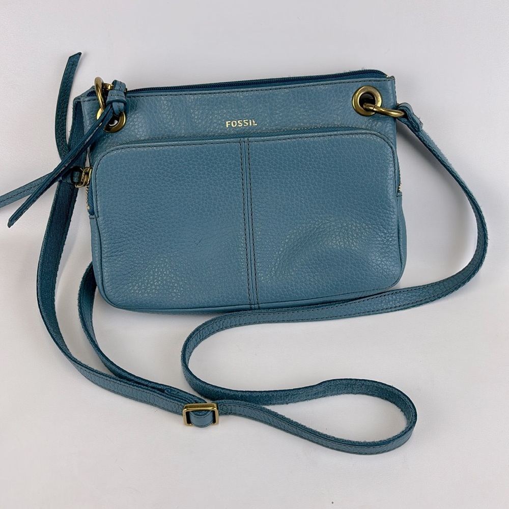 FOSSIL Blue Leather Crossbody Purse Adjustable with Gold Hardware